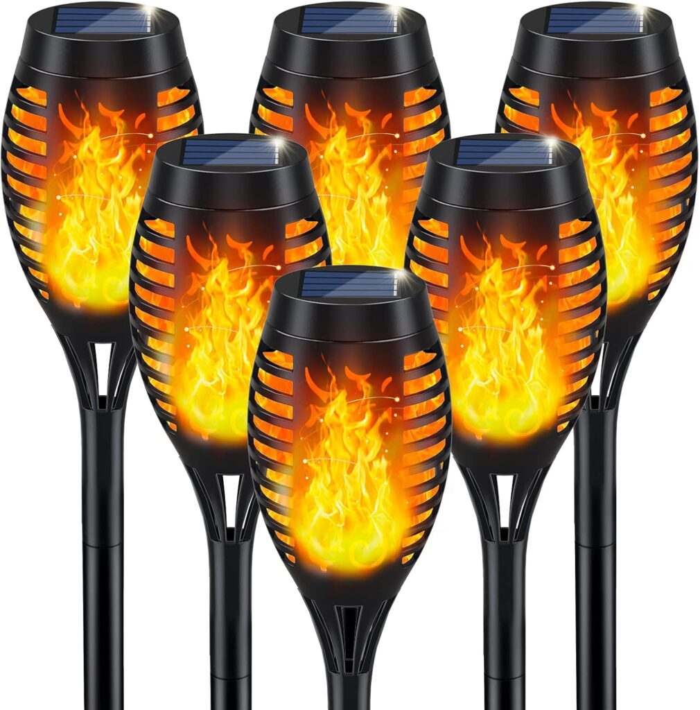 IkeeRuic flickering flame solar torches for outdoor patio decoration.