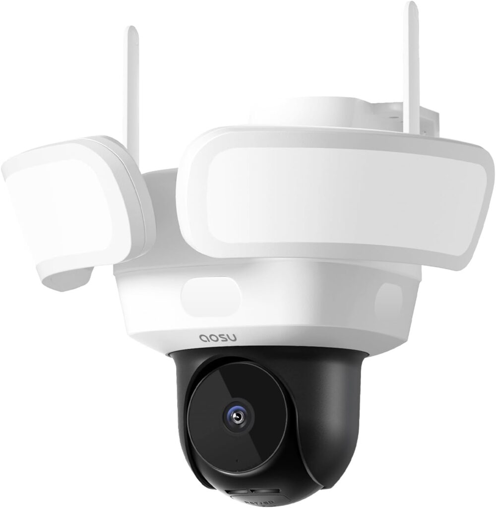 aosu wired floodlight camera with 2600-lumen illumination mounted on exterior wall, demonstrating best outdoor security cameras with night vision in full-color mode.

