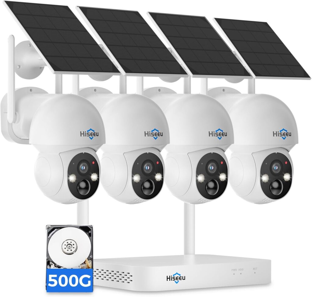 Hiseeu 4-camera solar security kit protecting a business perimeter with local HDD recording and 360-degree coverage