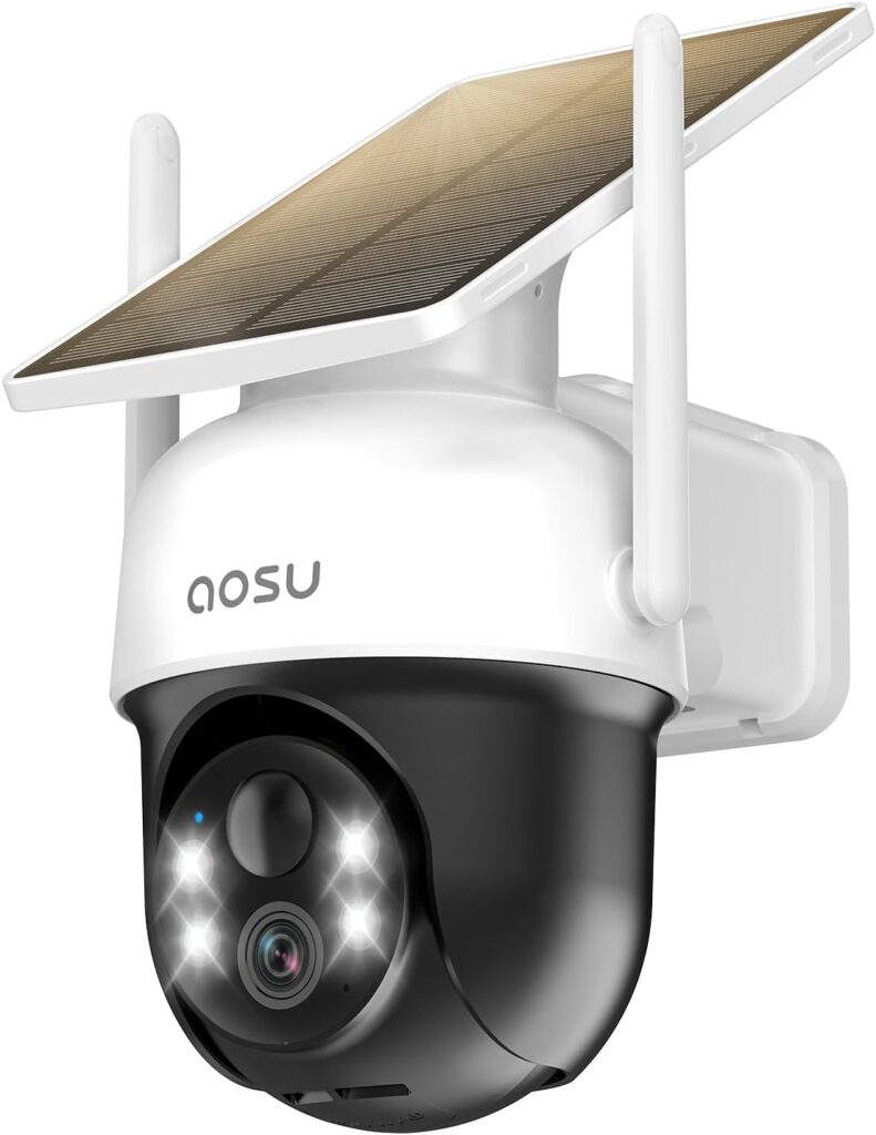wire-free AOSU solar-powered security camera with fixed panel installed on residential exterior, showcasing best outdoor security cameras with night vision capability

