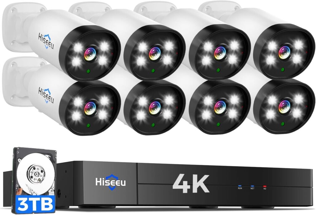 Hiseeu 4K wired DVR kit with eight outdoor cameras and 3TB storage for a [best wired outdoor security camera system]
