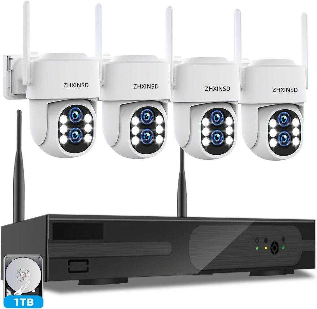 best outdoor security camera system with dvr showing ZHXINSD dual-lens 6MP wireless PTZ cameras with local HDD storage