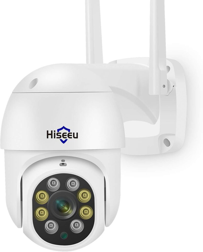 Hiseeu 3MP pan-tilt outdoor camera with integrated floodlight and motion tracking active at night, featuring best outdoor security cameras with night vision technology

