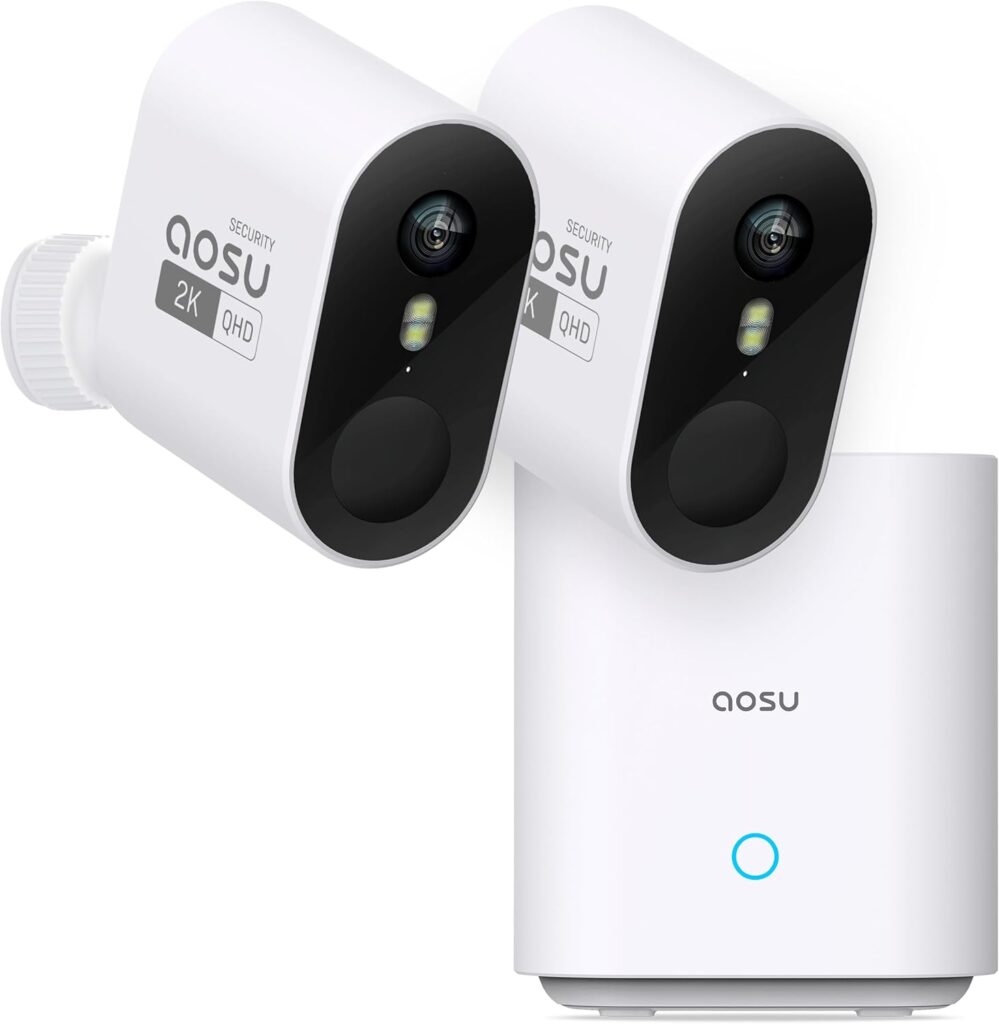 aosu WirelessCam Pro with 166-degree ultra-wide-angle lens mounted under roofline, highlighting best outdoor security cameras with night vision for wide-area surveillance

