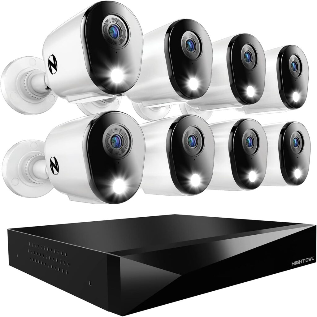 best outdoor security camera system with dvr showing Night Owl 12-channel setup with 2-way audio and deterrence spotlights