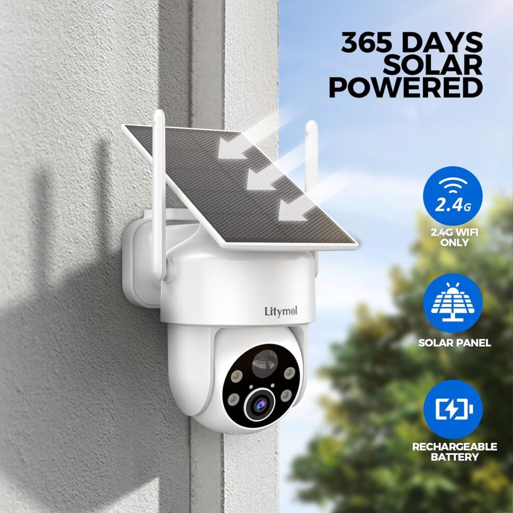 LITYMOL 2K solar camera watching a side gate in a best outdoor security camera system for business with AI detection