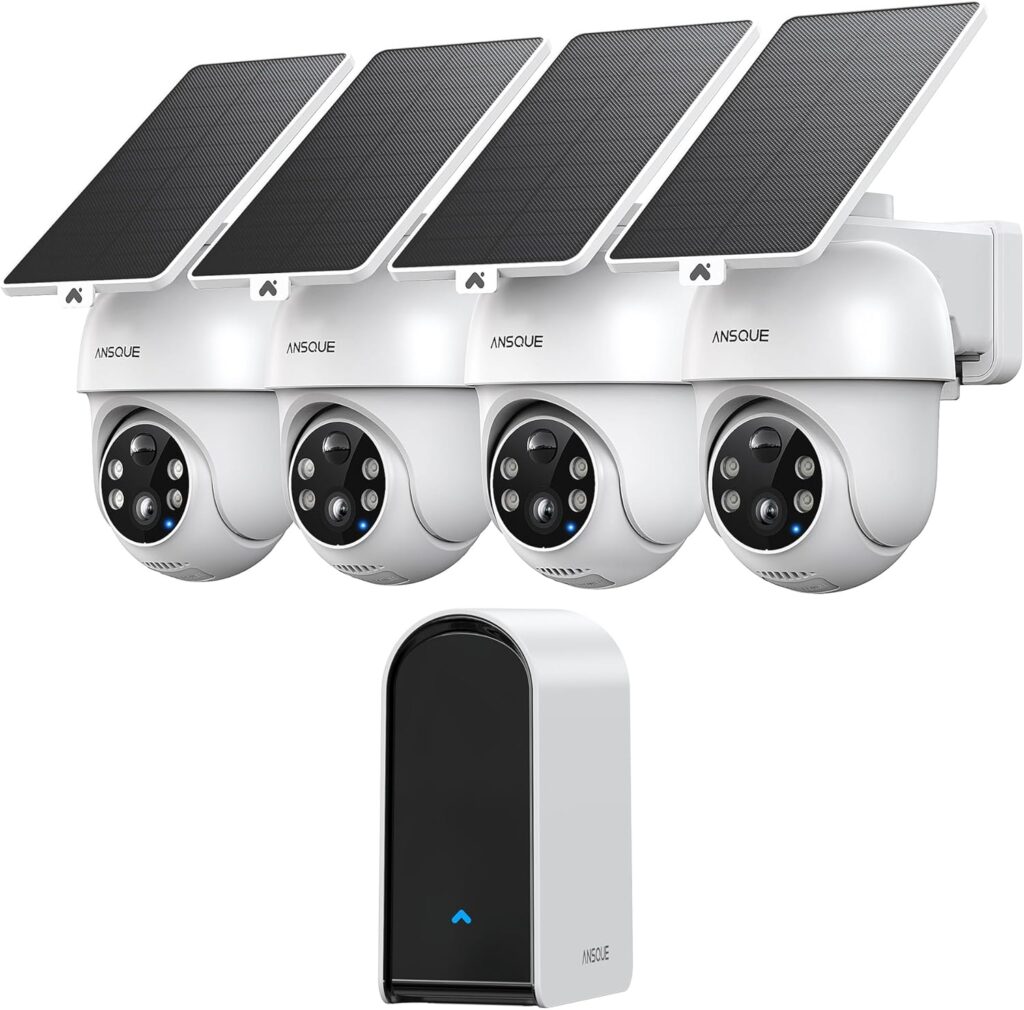 complete ANSQUE 4-camera wireless outdoor system with solar panels and base station, representing best outdoor security cameras with night vision for whole-home coverage

