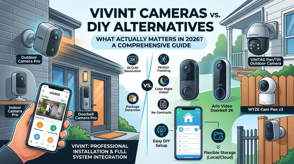 vivint camera alternative installed above a garage driveway at night
