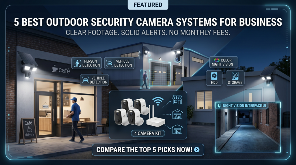 Best outdoor security camera system for business comparison featuring solar cameras, multi-camera kits, and smart surveillance for storefront security