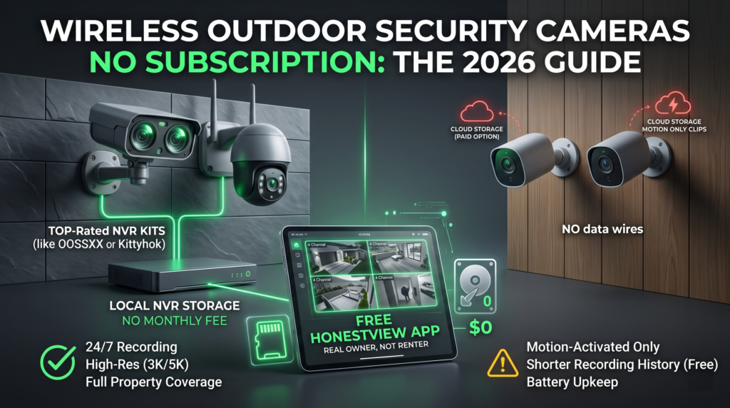 wireless outdoor security cameras no subscription mounted above a garage door at night