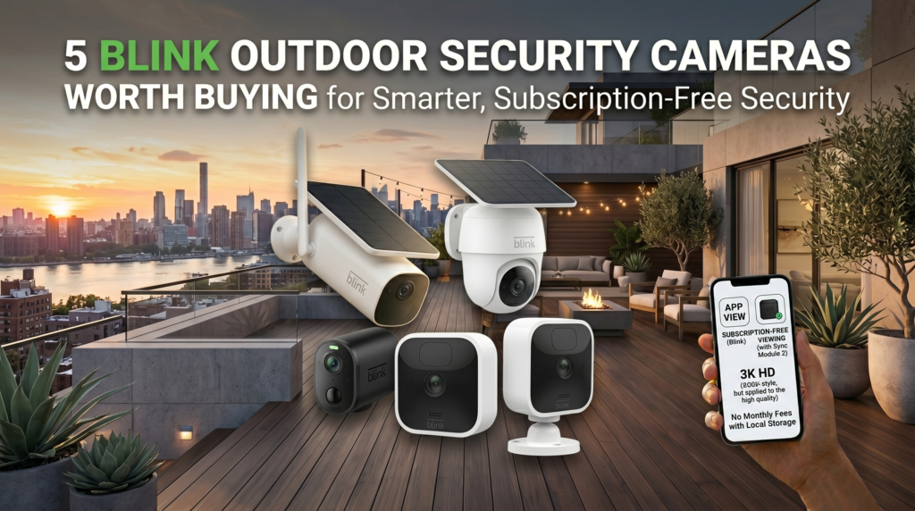 blink outdoor security cameras bundle with video doorbell and outdoor cam mounted outside a modern home
