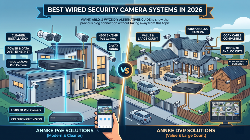 Front view of wired security camera system with outdoor bullet cameras mounted under roof eaves
