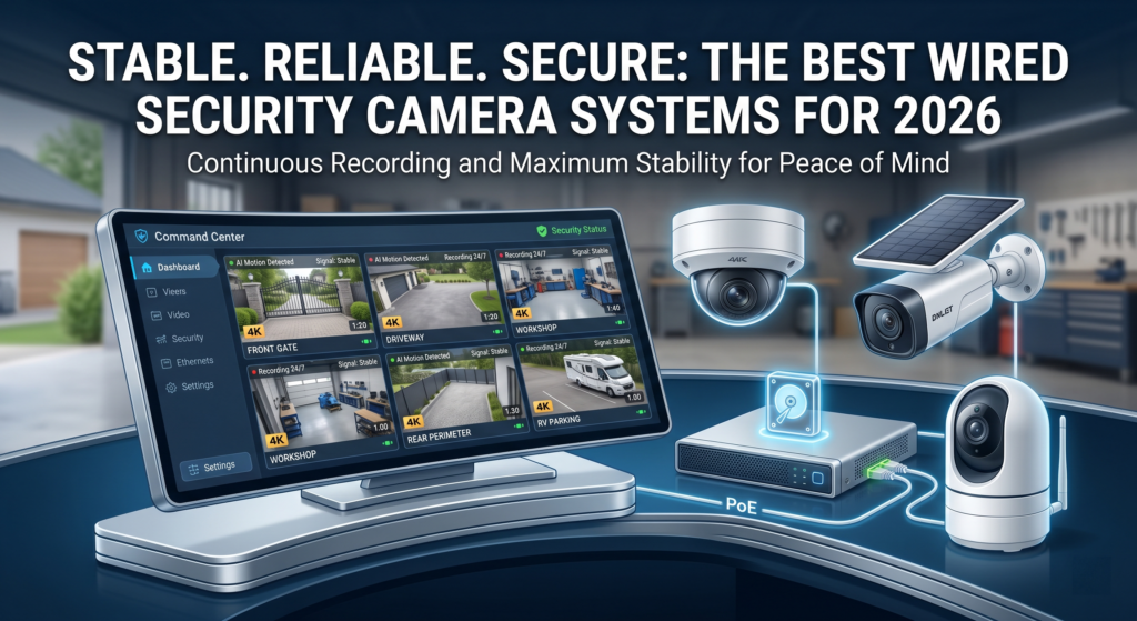 best wired security camera system installed on modern home exterior
