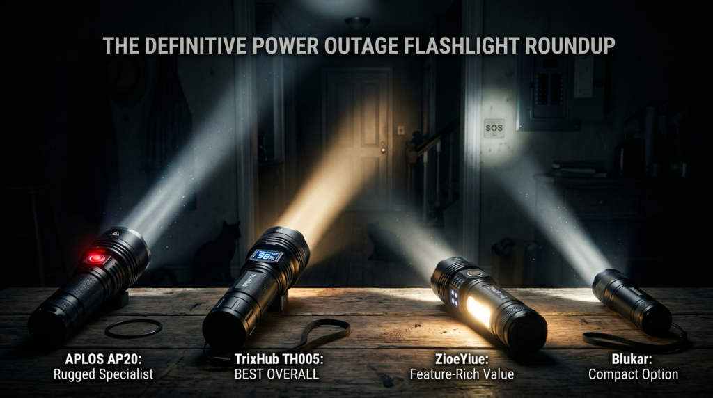 Featured image: best flashlight for power outage lineup with rechargeable emergency flashlights, charging cables, and storm-prep gear on a dark table