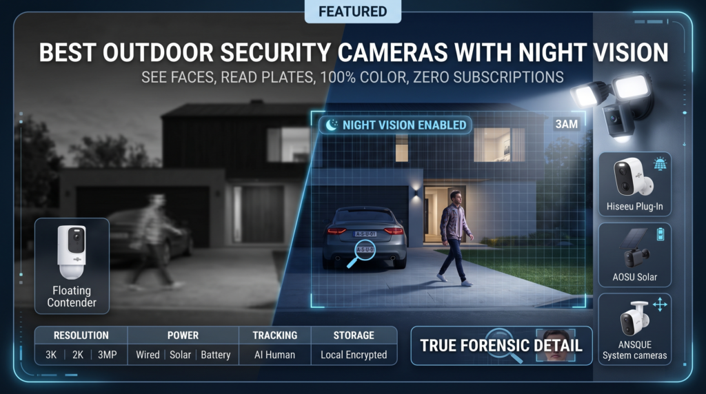 Featured image showcasing a modern home exterior at night monitored by advanced security cameras with floodlights and color night vision, highlighting the best outdoor security cameras with night vision for complete property protection

