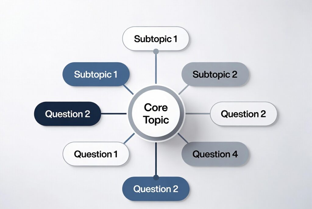 A visual diagram of an SEO topical map structure showing a core topic connected to related subtopics